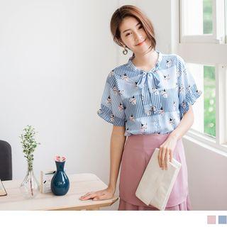 Tie-neck Cat Print Striped Top