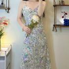 Long-sleeve Blouse / Spaghetti Strap Floral Midi A-line Dress