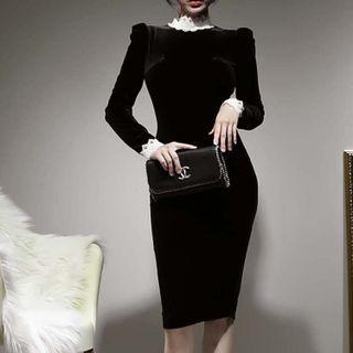 Long-sleeve Lace Trim Mock-neck Bodycon Dress