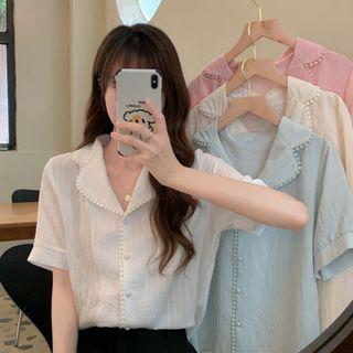 Flower Trim Notch Lapel Short-sleeve Top