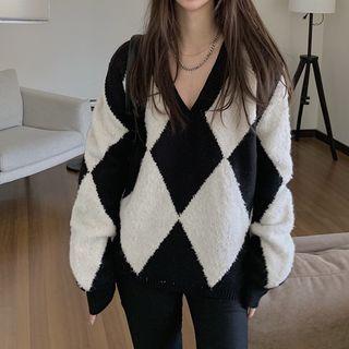 V-neck Color-block Knit Sweater As Figure - One Size