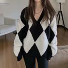 V-neck Color-block Knit Sweater As Figure - One Size