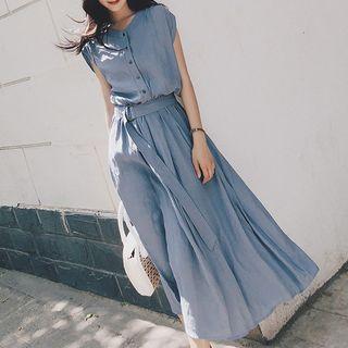 Belted Cap-sleeve Midi Shirt Dress
