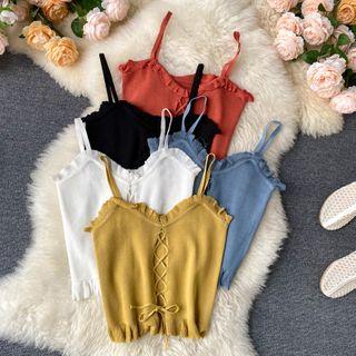 Lace-up Ruffle Trim Knit Camisole Top