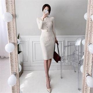 Half-placket Rib-knit Dress With Belt