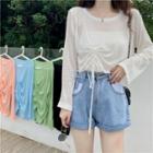 Long-sleeve Plain Drawstring T-shirt