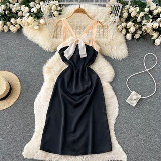 Suspender Bow Color Block Color Panel Dress