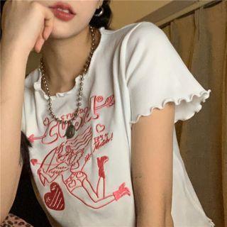 Embroidered Lettuce Edge Cropped T-shirt White - One Size