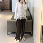 V-neck Loose-fit Lace Top / Velvet Slit Pants