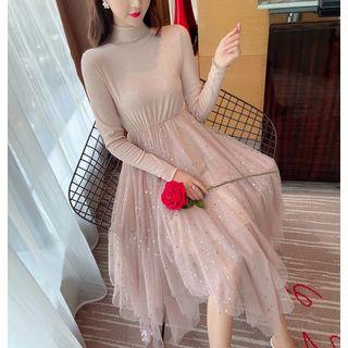 Knit Panel Mock-turtleneck A-line Midi Mesh Dress