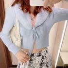 Long-sleeve Furry Collar Knit Top