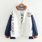 Contrast Trim Embroidered Baseball Jacket Blue & White - One Size