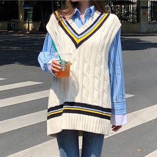 Striped Shirt / V-neck Cable-knit Vest