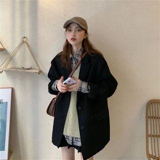 Plain Button Coat / Plaid Shirt / V-neck Vest