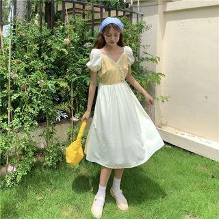 Puff-sleeve V-neck Two-tone Dress