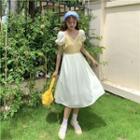 Puff-sleeve V-neck Two-tone Dress