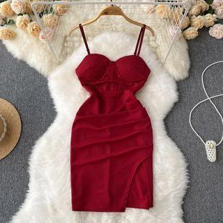 Suspender Ruched Slit Dress