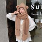 Bear Ear Fleece Hooded Scarf With Mittens 11 - Set Of 3 - Coffee - 54cm To 58cm