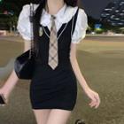 Puff-sleeve Ruffle Trim Blouse / Plaid Neck Tie / Shirred Overall Dress / Set