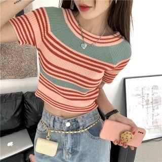 Short-sleeve Striped Slim-fit Knit Top As Figure - One Size