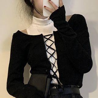 Set: Long-sleeve Cold Shoulder Top + Mock Neck Top Set Of 2 - Long-sleeve Top & Mock Neck Top - Black & White - One Size