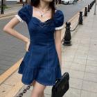Short-sleeve Lace Trim Denim Mini A-line Dress