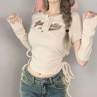 Set: Short-sleeve Lettering Drawstring Knit Crop Top + Arm Sleeves