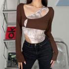 Set: Long-sleeve Cutout Crop Top + One-shoulder Tie-dye Tank Top