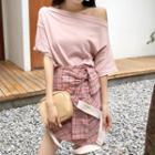 Plain Off Shoulder Elbow Sleeve T-shirt / Plaid Skirt