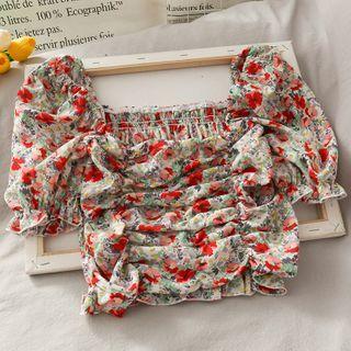 Square-neck Ruched Floral Crop Blouse