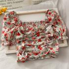 Square-neck Ruched Floral Crop Blouse