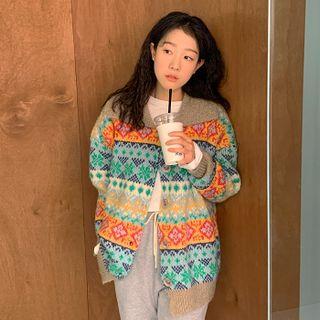 Nordic Pattern Woolen Cardigan Beige - One Size