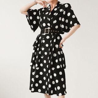 Dotted Layered Midi A-line Dress With Belt