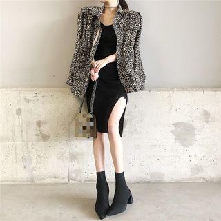Leopard Long-sleeve Zip Jacket / Spaghetti Strap Knit Dress