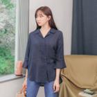 Ruffled 3/4-sleeve Linen Blend Shirt