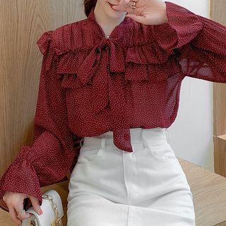 Tie-neck Dotted Ruffled Chiffon Blouse
