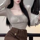Flared-cuff Shirred T-shirt Khaki - One Size