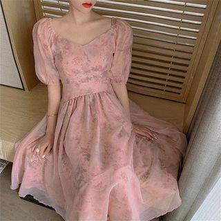 Floral Puff-sleeve Mesh Panel Midi A-line Dress