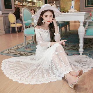 3/4-sleeve Off Shoulder Lace Midi Dress