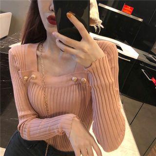Long-sleeve Embellished Square-neck Knit Top