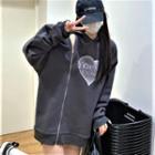 Heart Print Cold-shoulder Hoodie Gray - One Size
