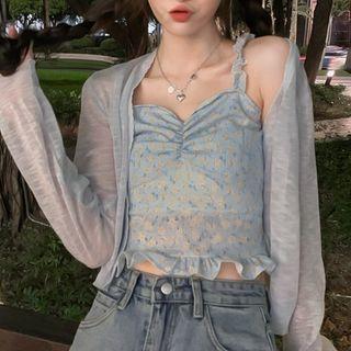 Floral Print Cropped Knit Camisole Top / Light Cardigan