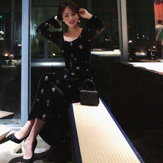 Long-sleeve Embroidered Velvet Midi Dress