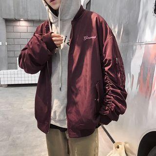 Lettering Shirred-sleeve Bomber Jacket