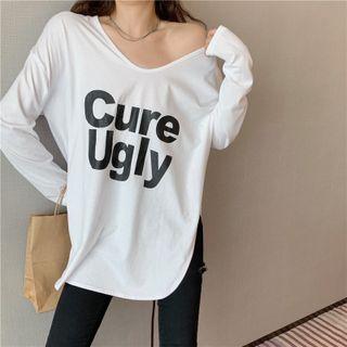 Long-sleeve V-neck Lettering Print T-shirt
