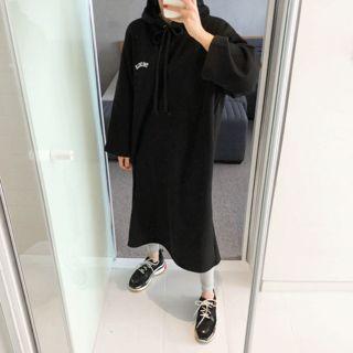 Letter Print Hooded Pullover Long Dress