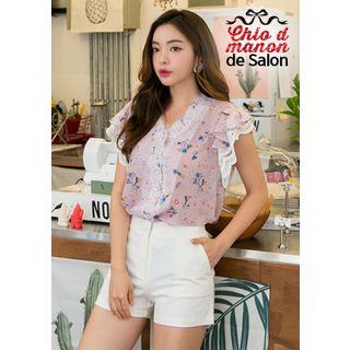 Flutter-sleeve Pattern Chiffon Blouse