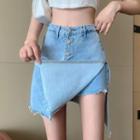High Waist Asymmetric Split Denim Mini A-line Skirt