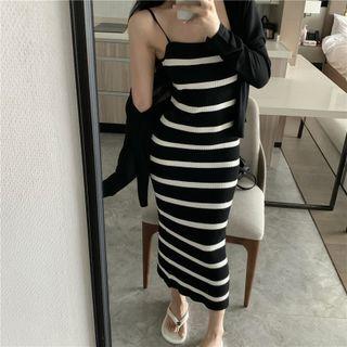 Spaghetti Strap Striped Knit Midi A-line Dress / Cardigan