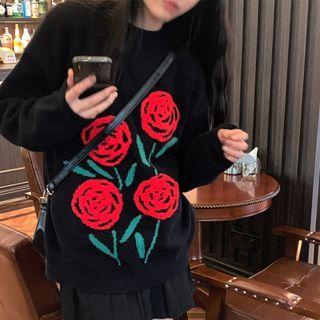 Floral Sweater Floral - Red & Black - One Size